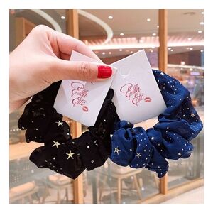 (1) Celestial Star Scrunchie Black or Blue Hair Tie Accessories with Gold Stars